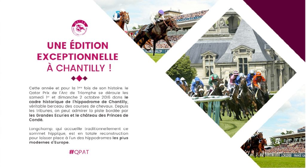 Présentation PowerPoint France Galop – Mise en page graphique avec images et texte pour le Qatar Prix de l’Arc de Triomphe