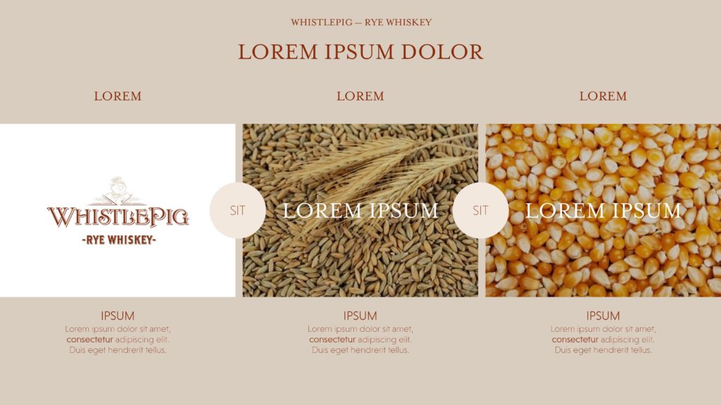 Slide PowerPoint Whistle Pig Whisky – Mise en page graphique de la présentation PowerPoint pour Whistle Pig, distillerie de whisky haut de gamme.