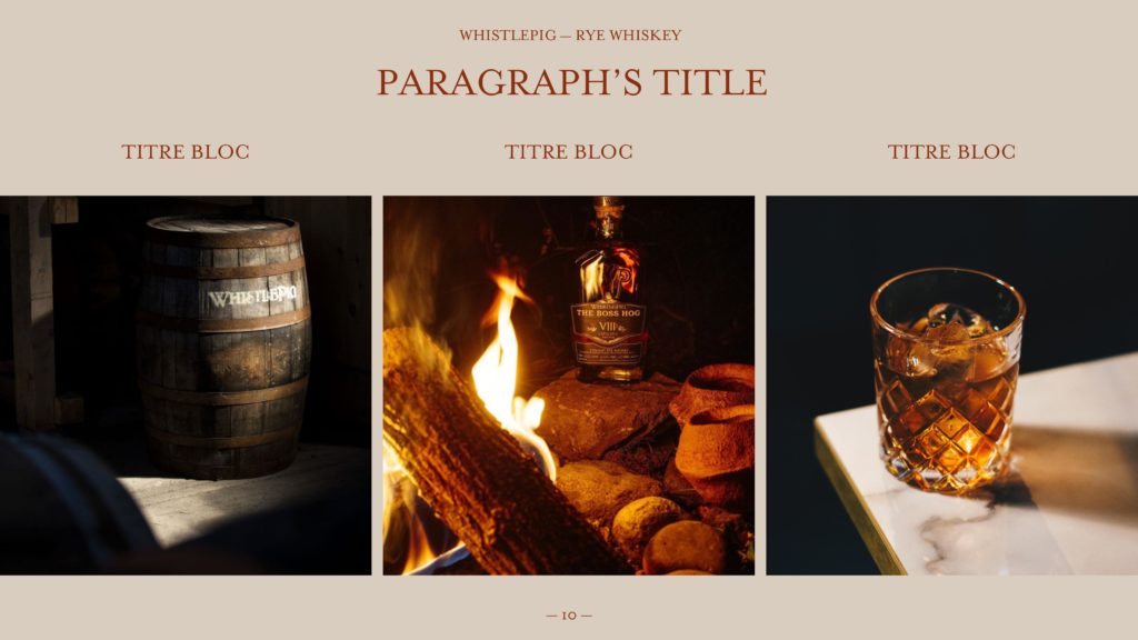 Slide PowerPoint Whistle Pig Whisky – Mise en page graphique de la présentation PowerPoint pour Whistle Pig, distillerie de whisky haut de gamme.