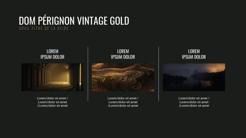 Présentation PowerPoint élégante pour Dom Pérignon – Lucile Mennessier